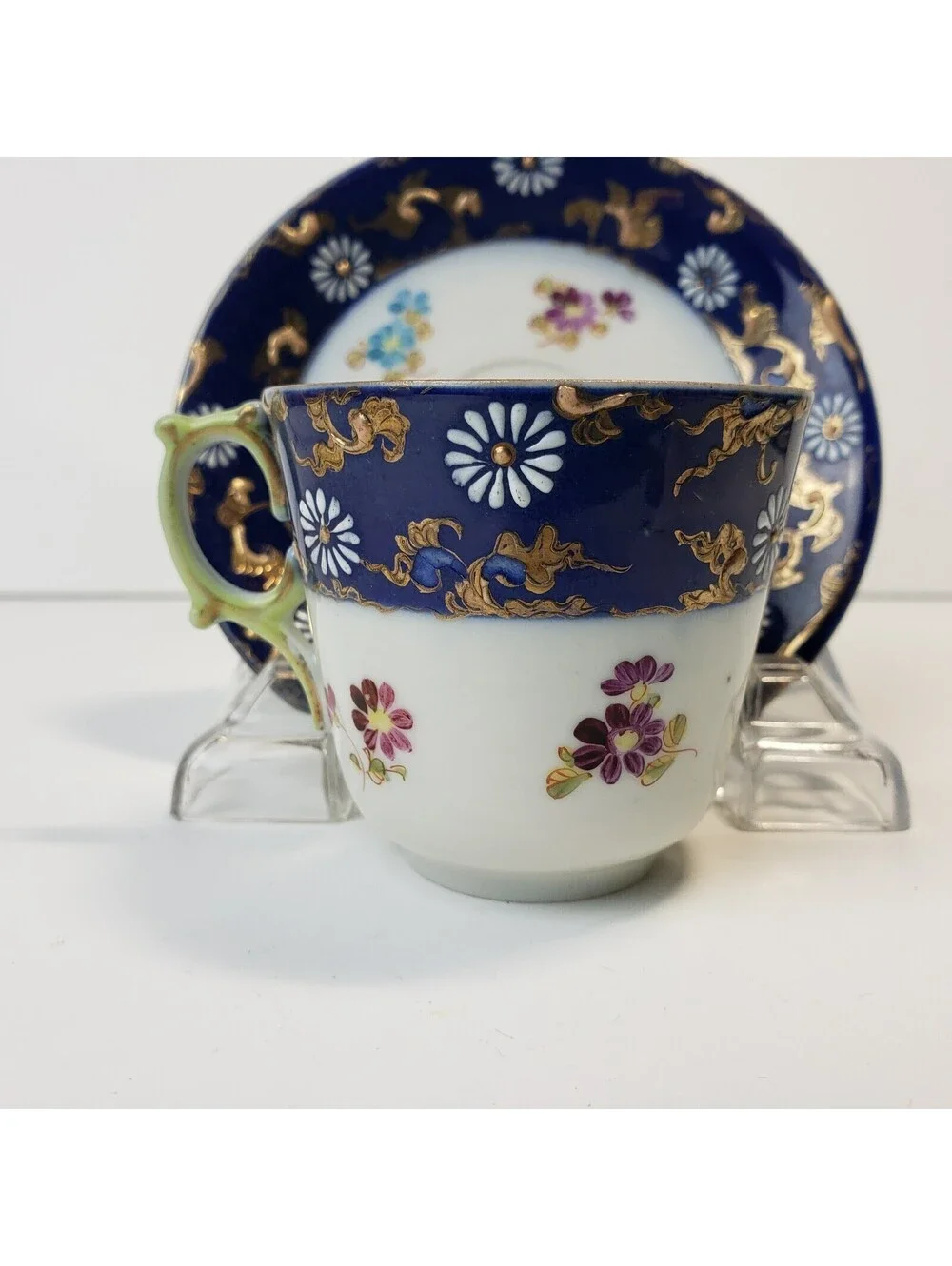 Vintage Porcelain Demitasse Teacup & Saucer  Moriage Cobalt Blue HP Floral Japan
